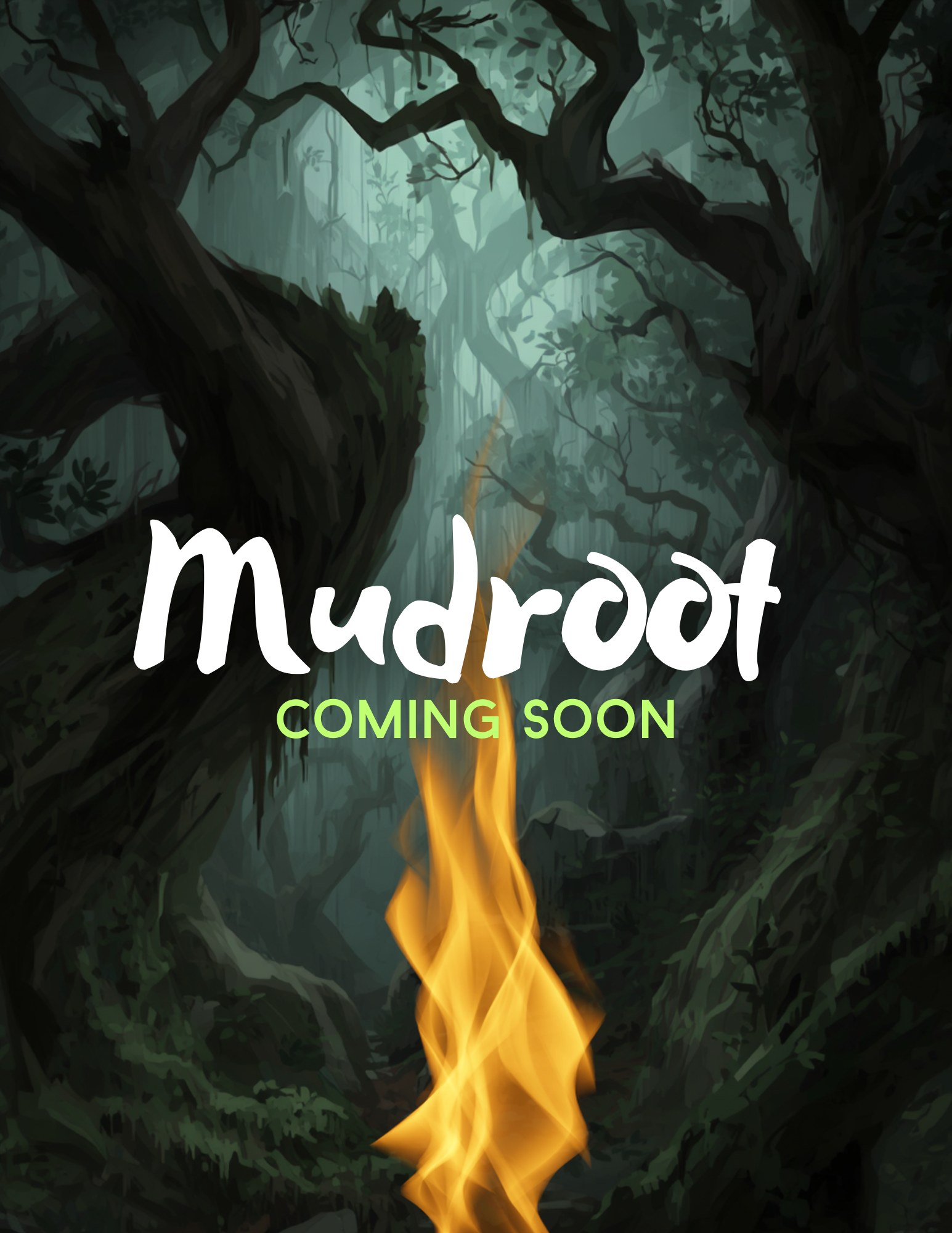 Cover art for Mudroot — a fire burning in a dark forest.